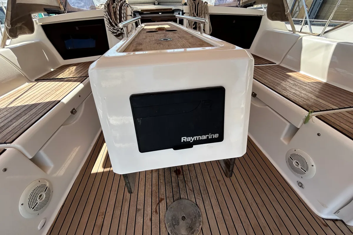 Cockpit of Echo I, a Dufour 430 GL sailboat at Kontokali, Greece