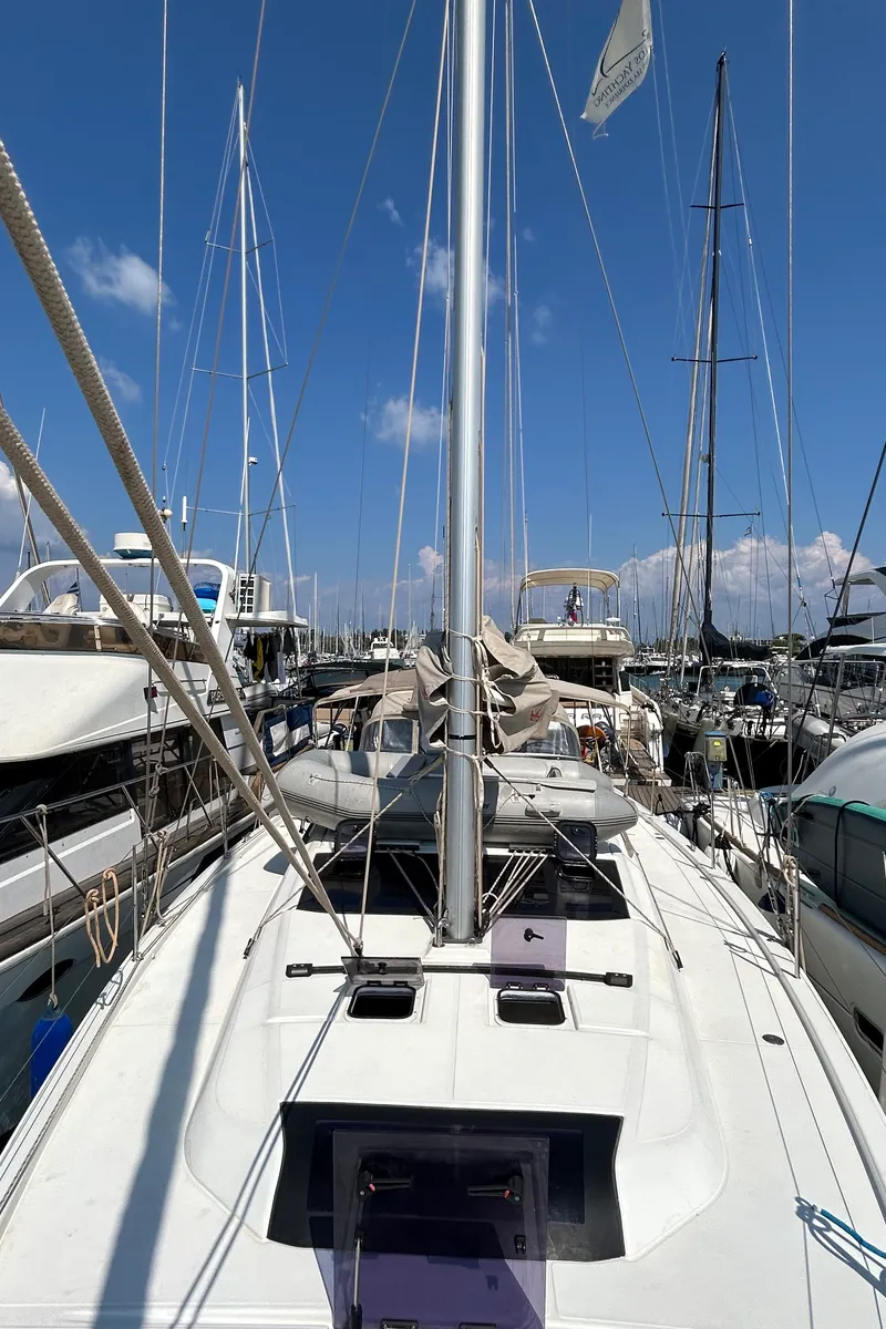 Exterior view of Echo I, a Dufour 430 GL sailboat at Kontokali, Greece