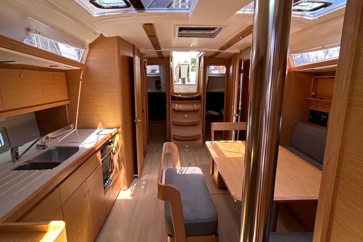 Salon of Echo I, a Dufour 430 GL sailboat at Kontokali, Greece