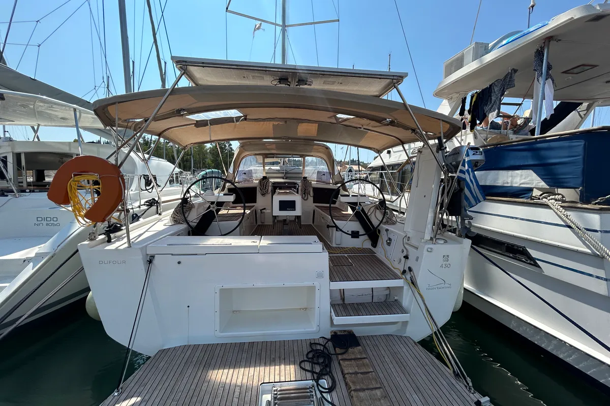 Exterior view of Echo I, a Dufour 430 GL sailboat at Kontokali, Greece