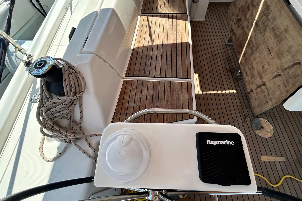 Deck of Echo I, a Dufour 430 GL sailboat at Kontokali, Greece