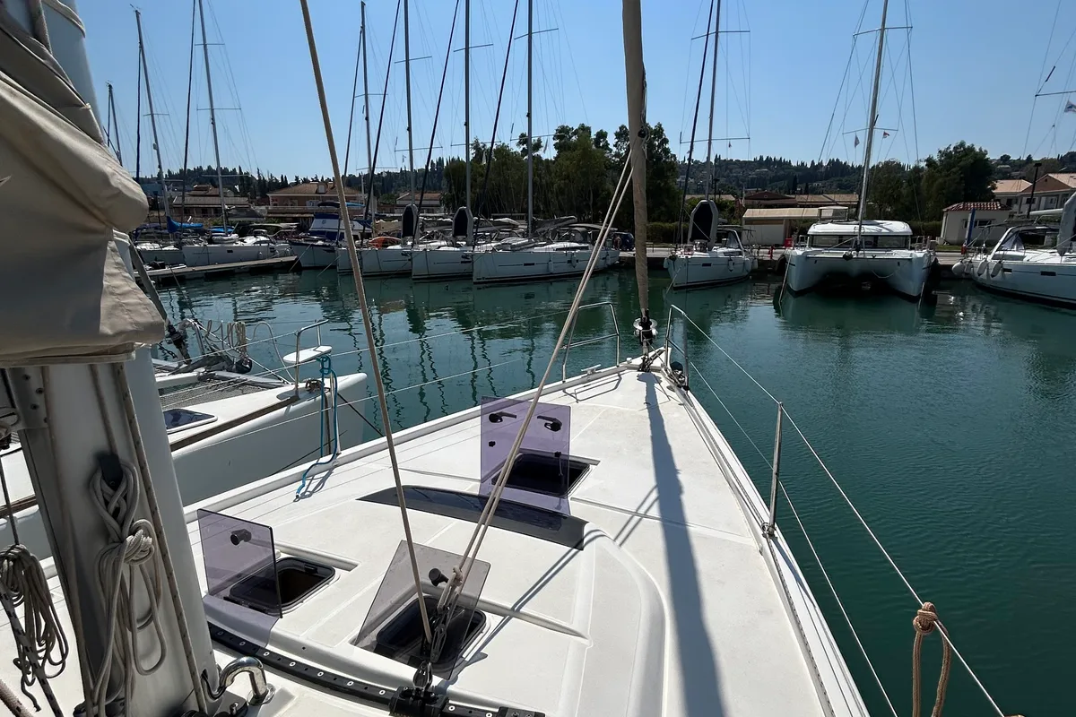 Deck of Echo I, a Dufour 430 GL sailboat at Kontokali, Greece