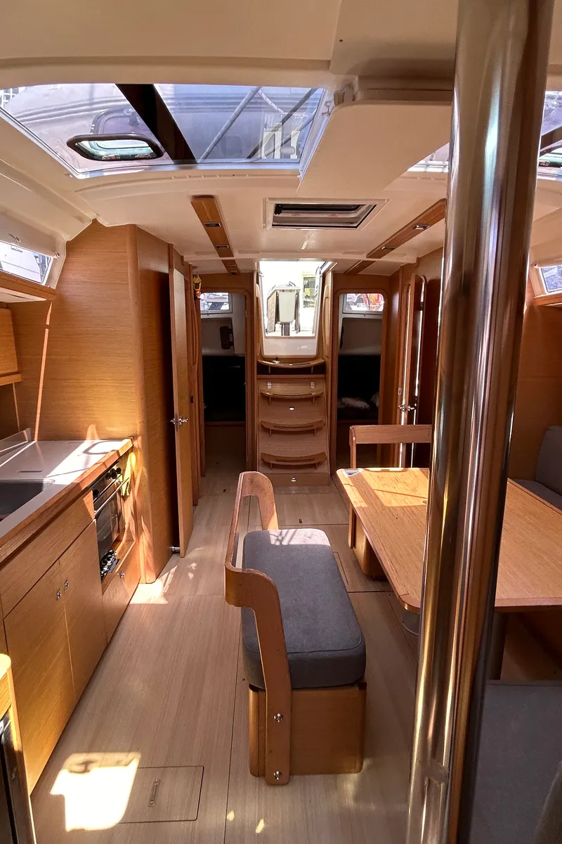 Salon of Echo I, a Dufour 430 GL sailboat at Kontokali, Greece