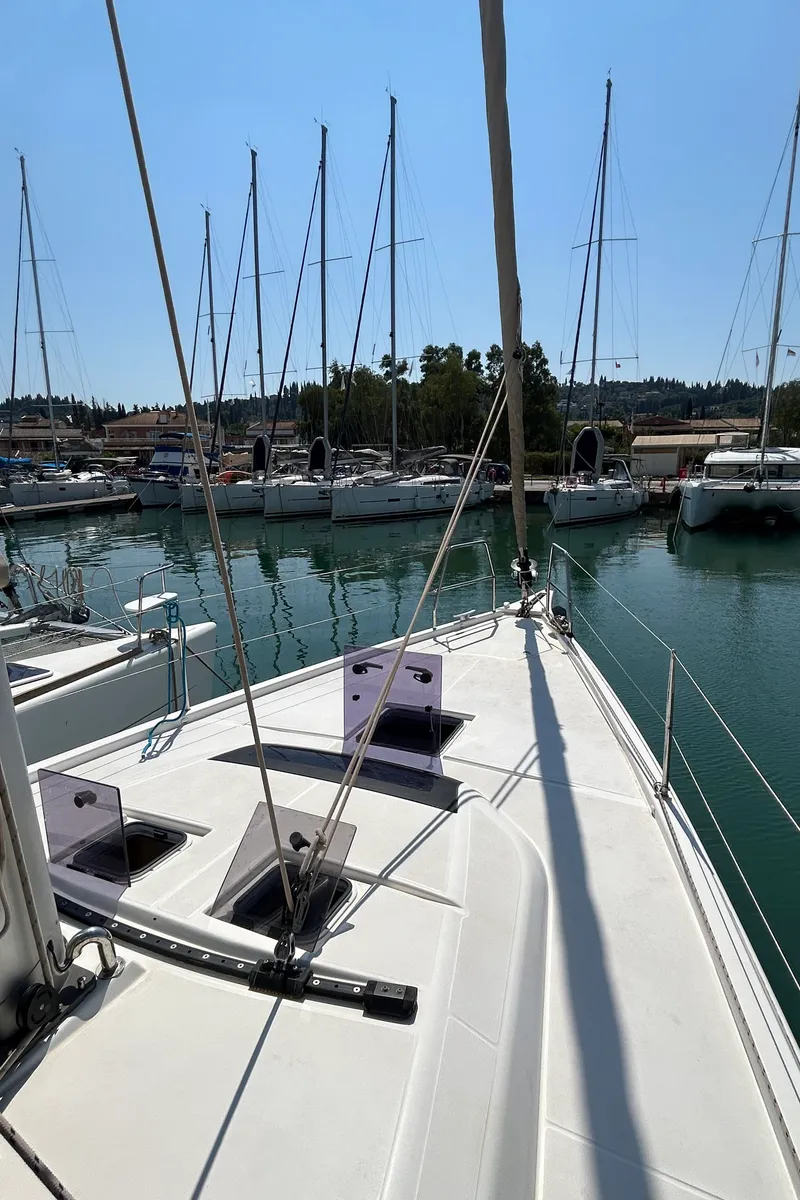 Deck of Echo I, a Dufour 430 GL sailboat at Kontokali, Greece