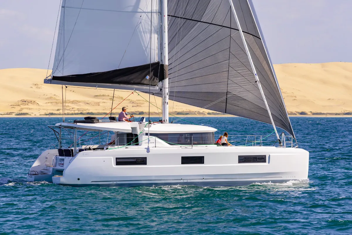 Exterior view of Hermes, a Lagoon 46 catamaran at Athens, Greece