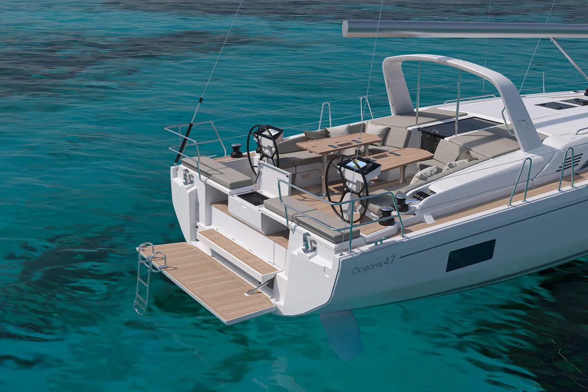 Deck of Aura, a Beneteau Oceanis 47 sailboat at Athens, Greece