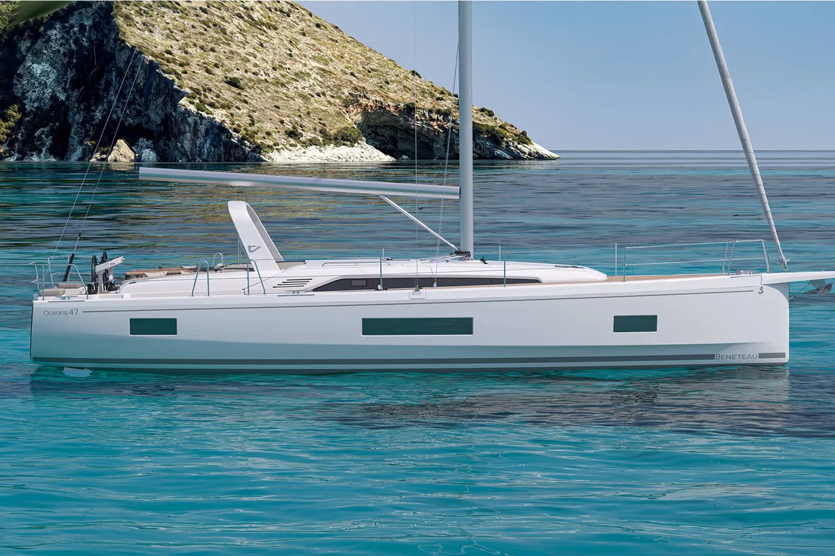 Exterior view of Aura, a Beneteau Oceanis 47 sailboat at Athens, Greece