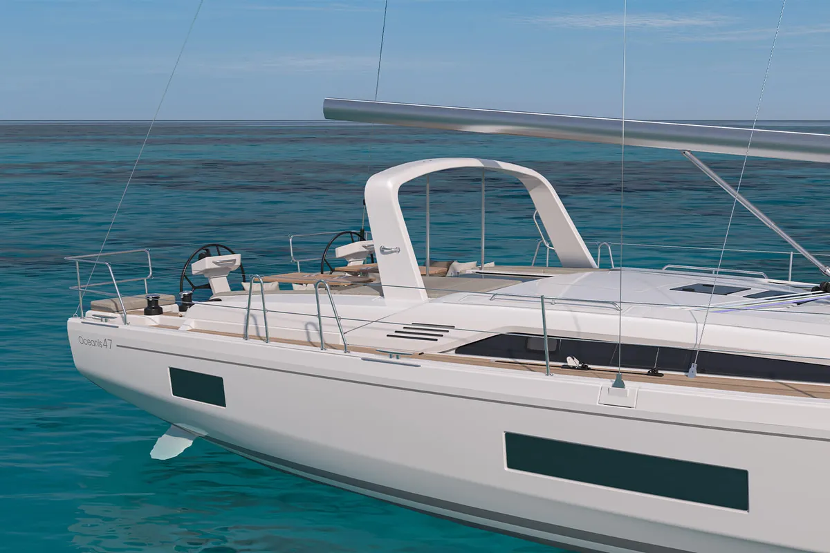 Exterior view of Aura, a Beneteau Oceanis 47 sailboat at Athens, Greece