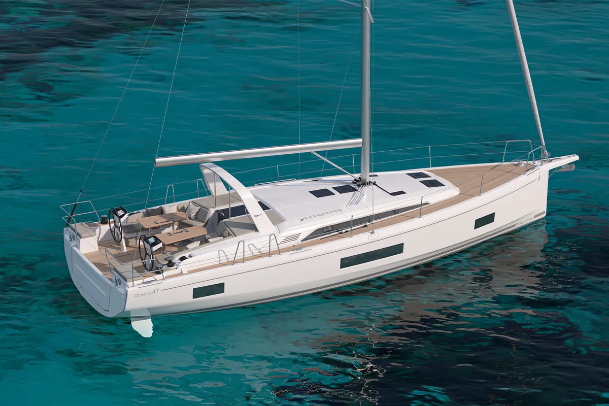 Exterior view of Aura, a Beneteau Oceanis 47 sailboat at Athens, Greece