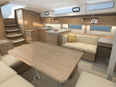 Salon of Aura, a Beneteau Oceanis 47 sailboat at Athens, Greece