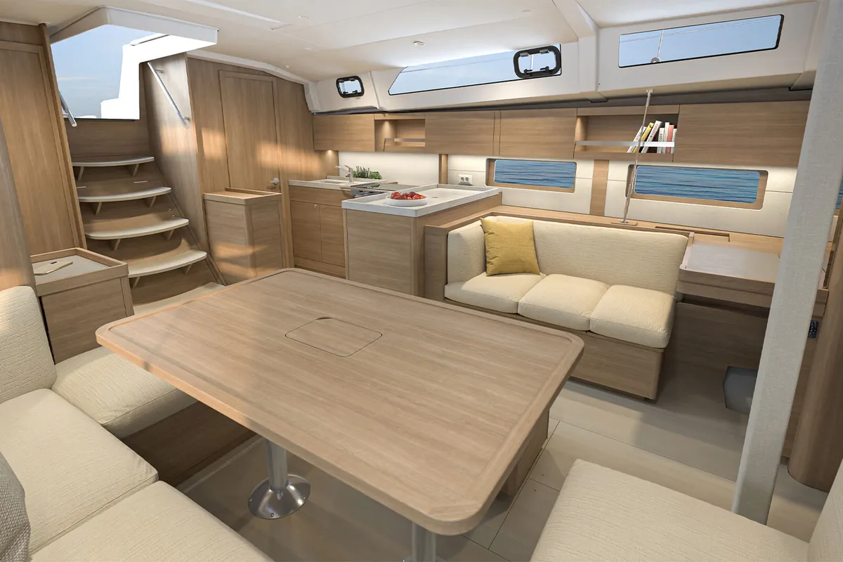 Salon of Aura, a Beneteau Oceanis 47 sailboat at Athens, Greece