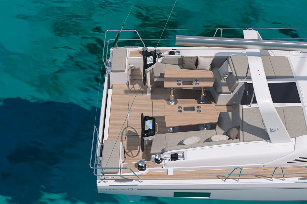 Deck of Aura, a Beneteau Oceanis 47 sailboat at Athens, Greece