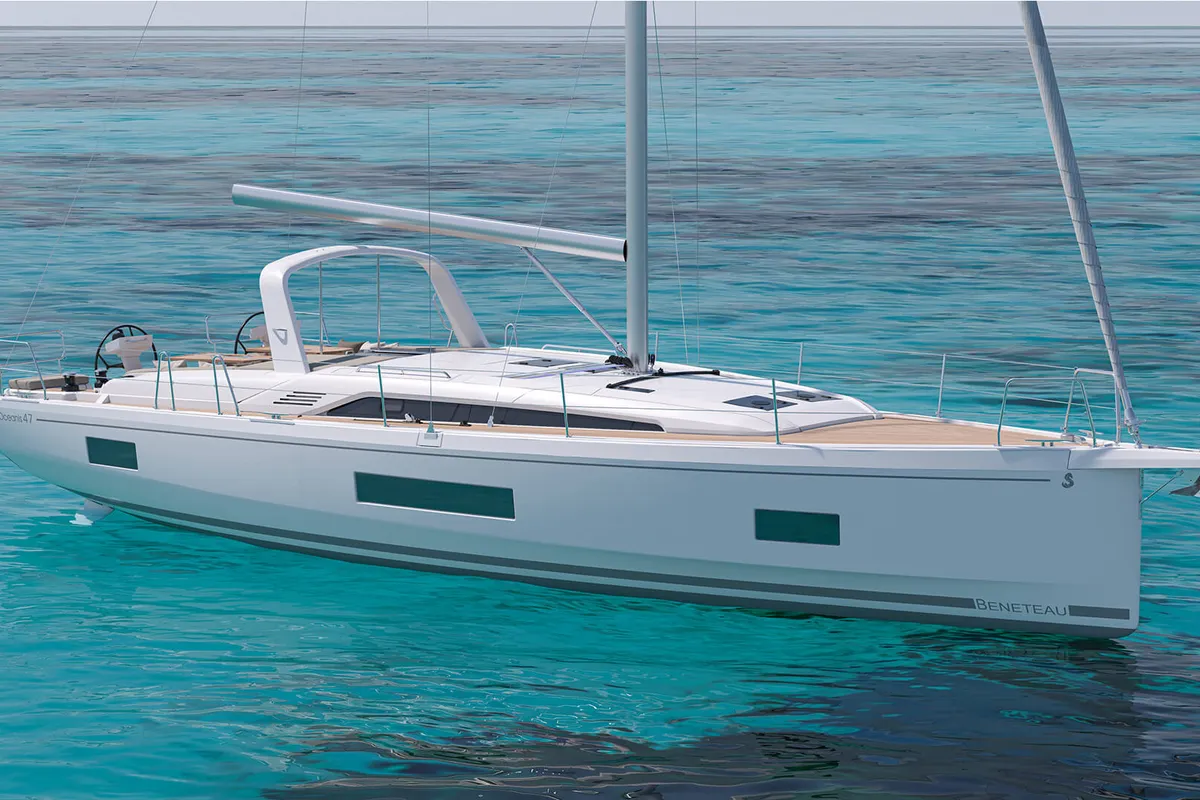 Exterior view of Aura, a Beneteau Oceanis 47 sailboat at Athens, Greece