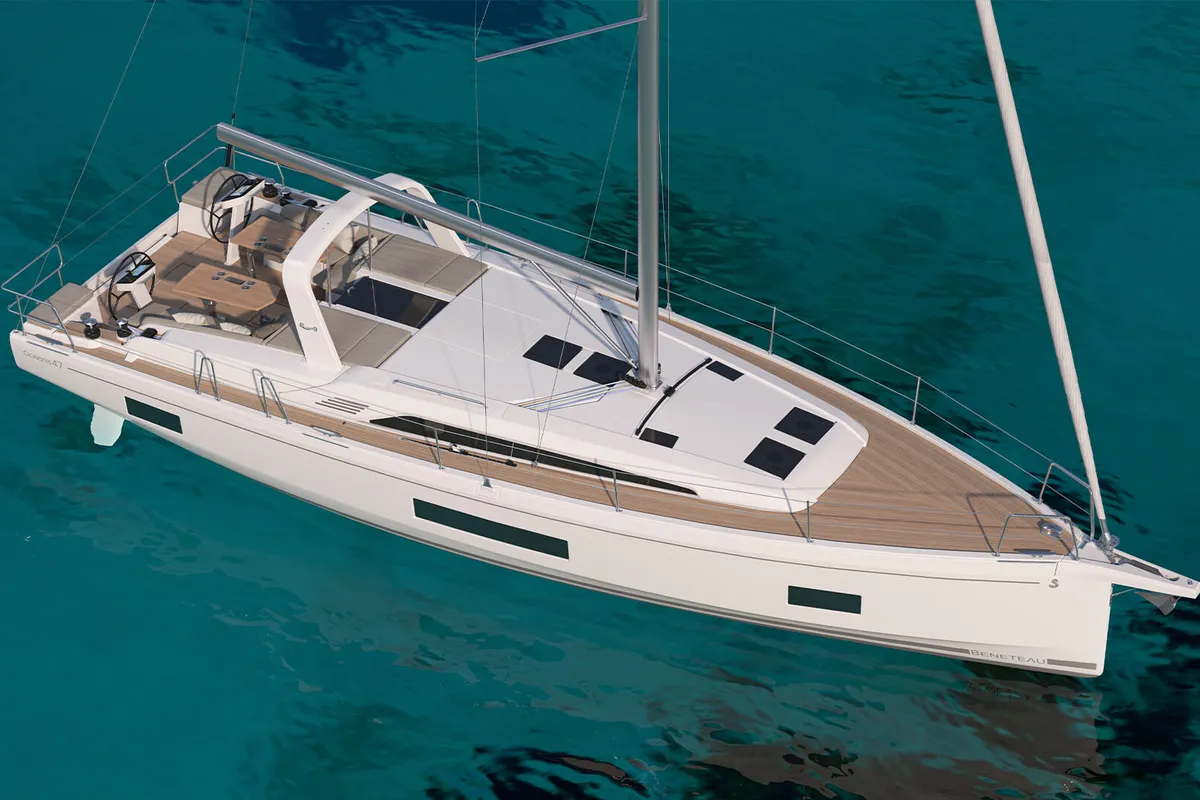 Exterior view of Aura, a Beneteau Oceanis 47 sailboat at Athens, Greece