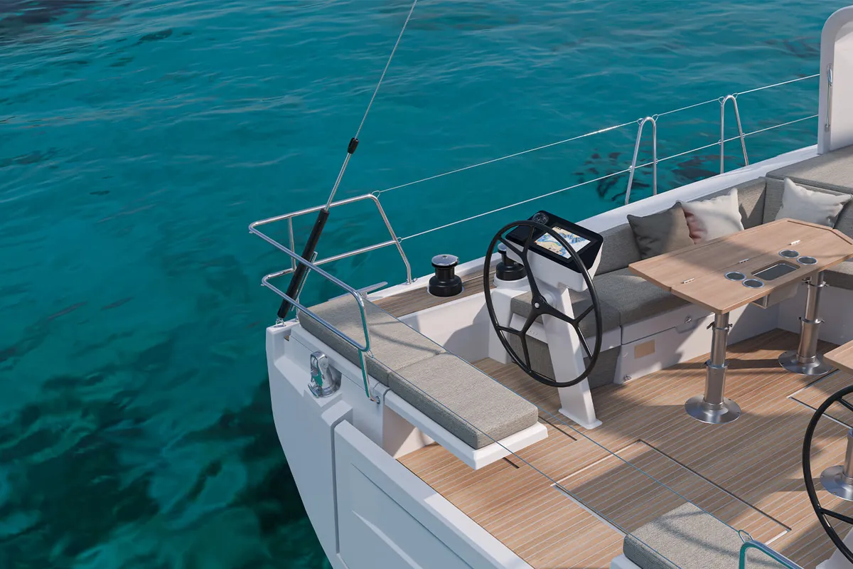 Deck of Aura, a Beneteau Oceanis 47 sailboat at Athens, Greece