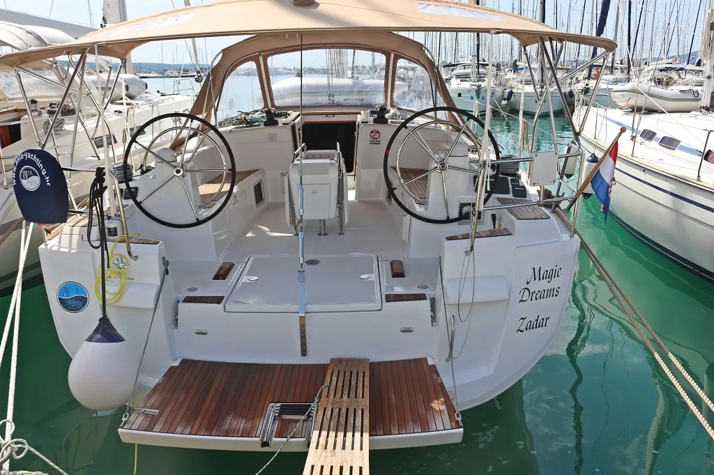 Cockpit of Magic Dreams, a Jeanneau Sun Odyssey 509 sailboat at Općina Sukošan, Croatia