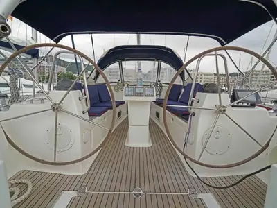 Cockpit of Ariadni, a Bavaria 40 Cruiser sailboat at Preveza, Greece