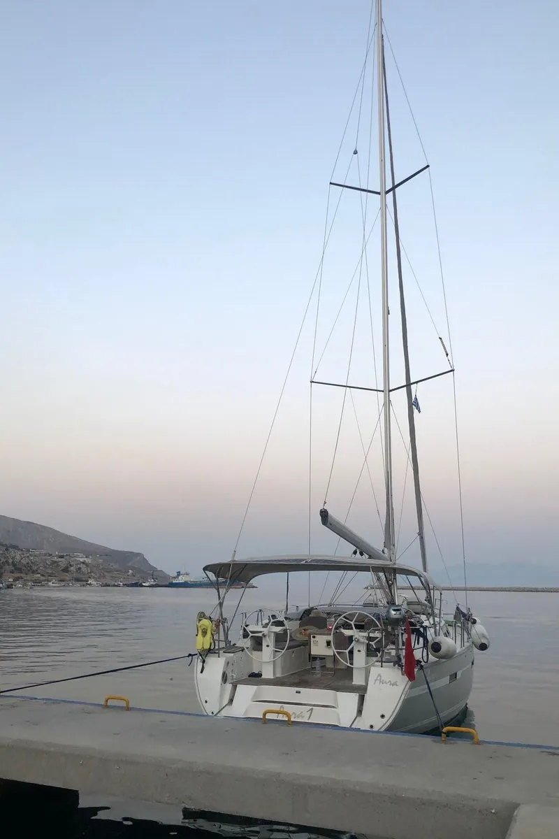 Exterior view of Aura 1, a Bavaria Cruiser 45 sailboat at Bodrum, Turkey