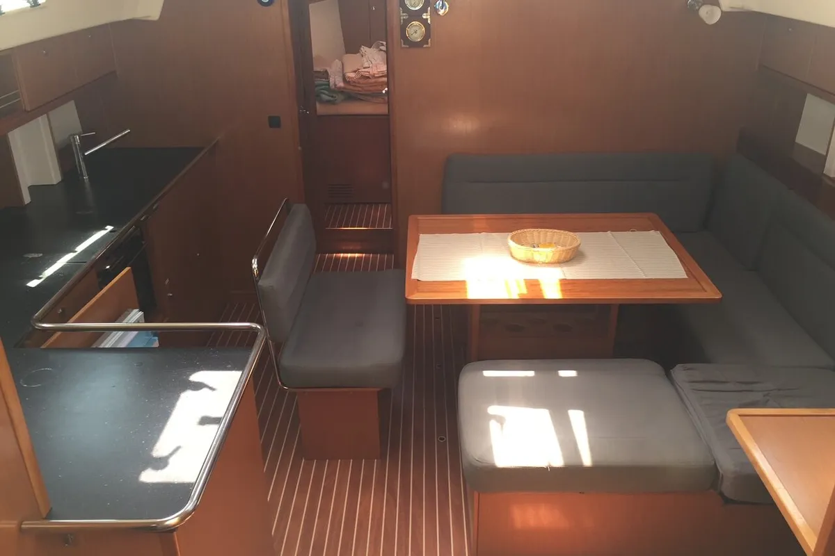 Salon of Aura 1, a Bavaria Cruiser 45 sailboat at Bodrum, Turkey