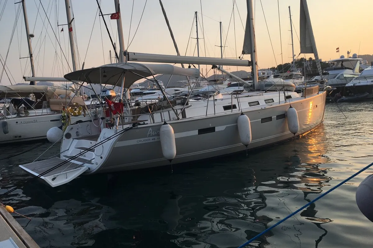 Exterior view of Aura 1, a Bavaria Cruiser 45 sailboat at Bodrum, Turkey