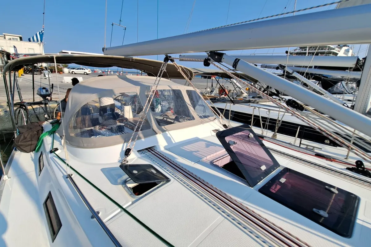 Deck of Manta, a Bavaria Cruiser 40 sailboat at Volos, Greece