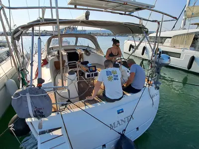 Cockpit of Manta, a Bavaria Cruiser 40 sailboat at Volos, Greece