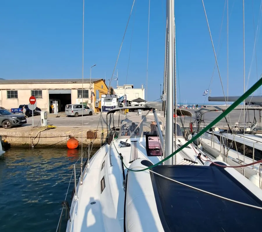 Exterior view of Manta, a Bavaria Cruiser 40 sailboat at Volos, Greece