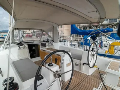 Cockpit of Malilu, a Beneteau Oceanis 35.1 sailboat at Toulon, France