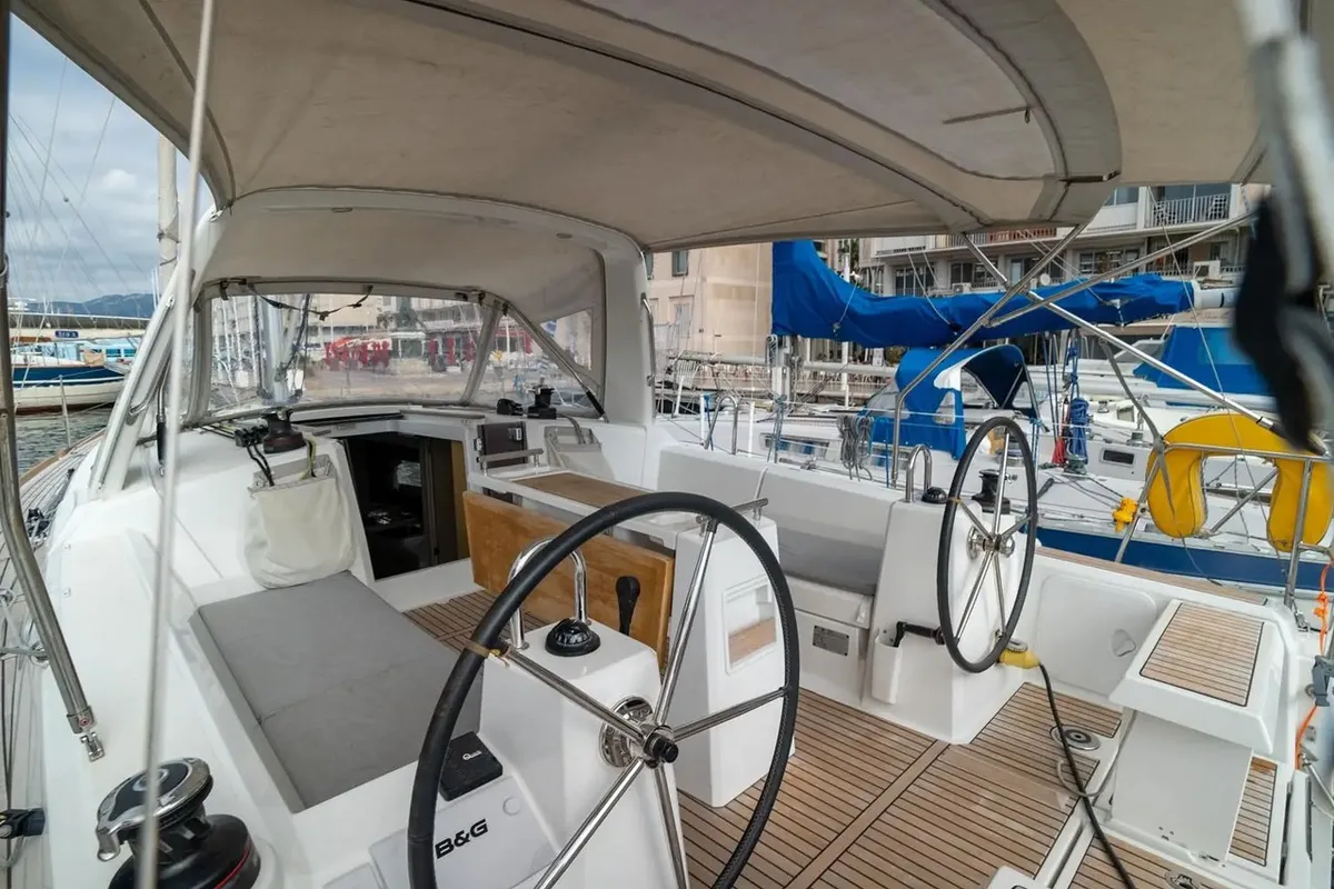 Cockpit of Malilu, a Beneteau Oceanis 35.1 sailboat at Toulon, France