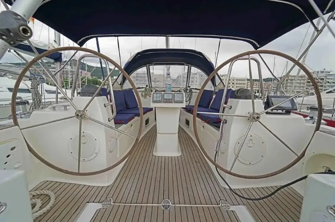 Cockpit of Ariadni, a Bavaria 40 Cruiser sailboat at Preveza, Greece