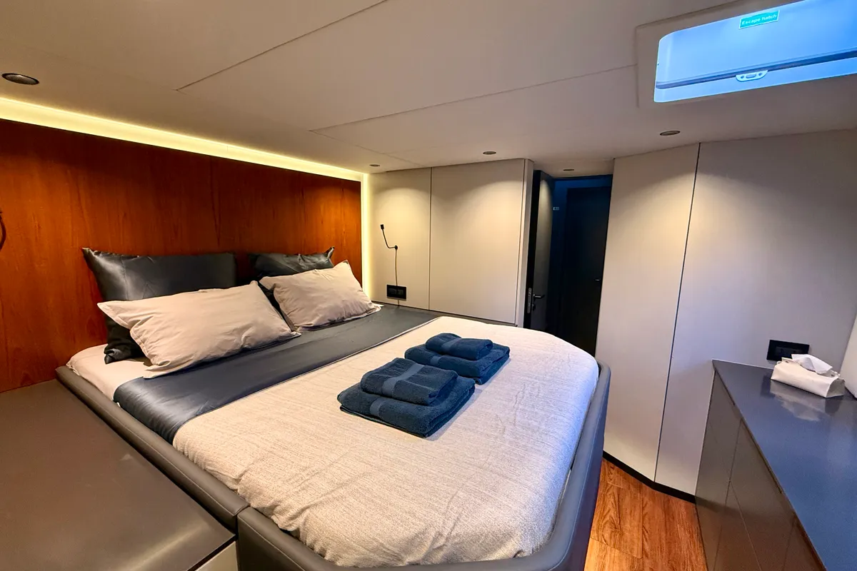 Cabin on Premium, a Sunreef 50 catamaran at Lavrion Marina, Greece