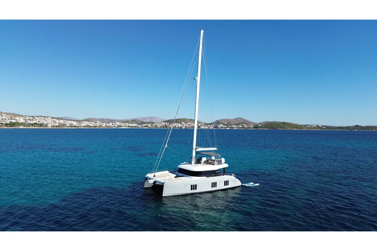 Exterior view of Premium, a Sunreef 50 catamaran at Lavrion Marina, Greece