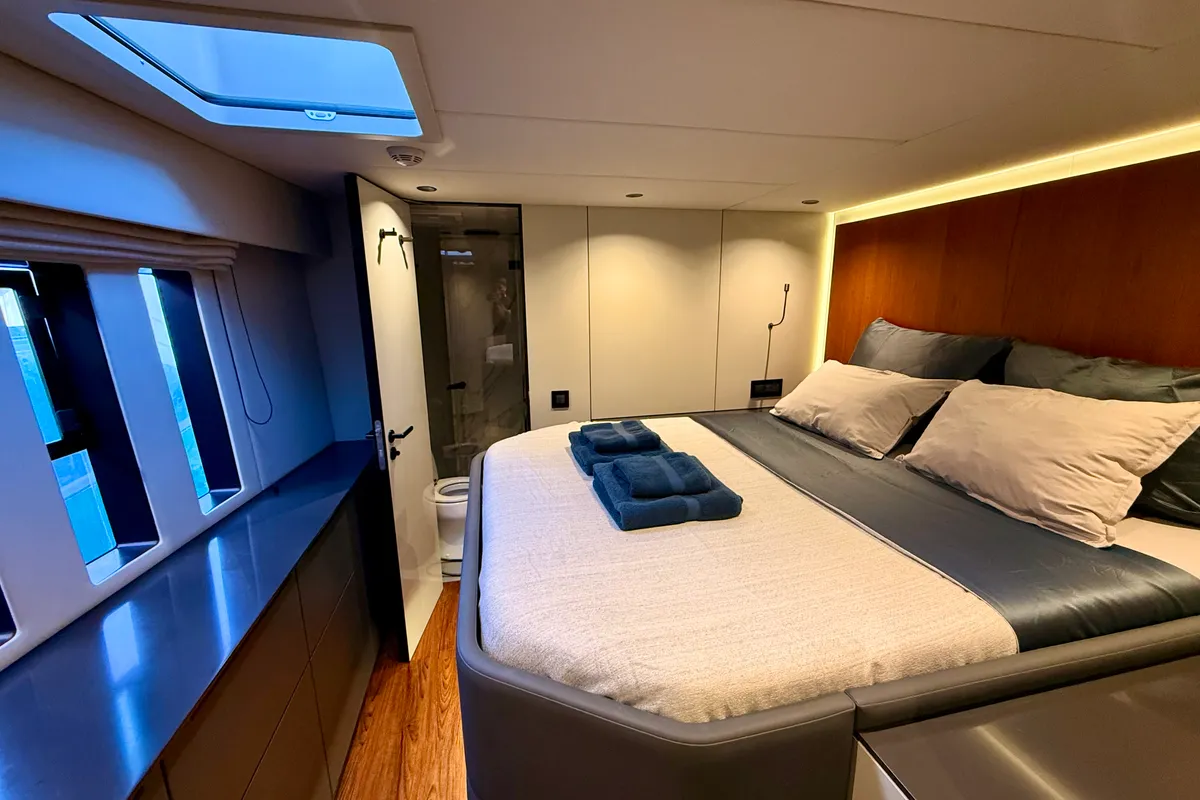 Cabin on Premium, a Sunreef 50 catamaran at Lavrion Marina, Greece