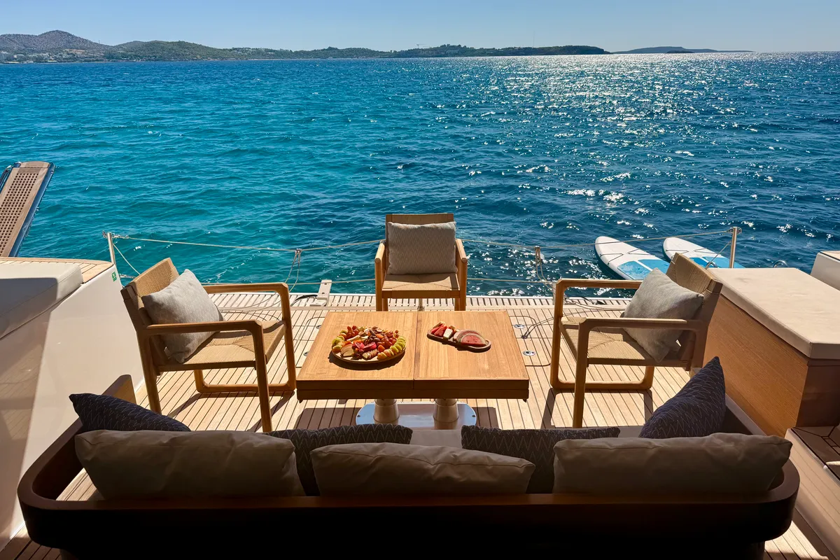 Deck of Premium, a Sunreef 50 catamaran at Lavrion Marina, Greece