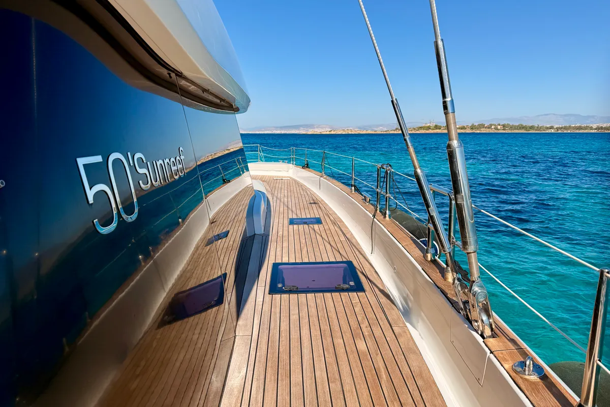 Deck of Premium, a Sunreef 50 catamaran at Lavrion Marina, Greece