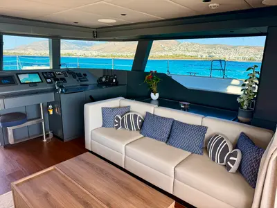 Salon of Premium, a Sunreef 50 catamaran at Lavrion Marina, Greece