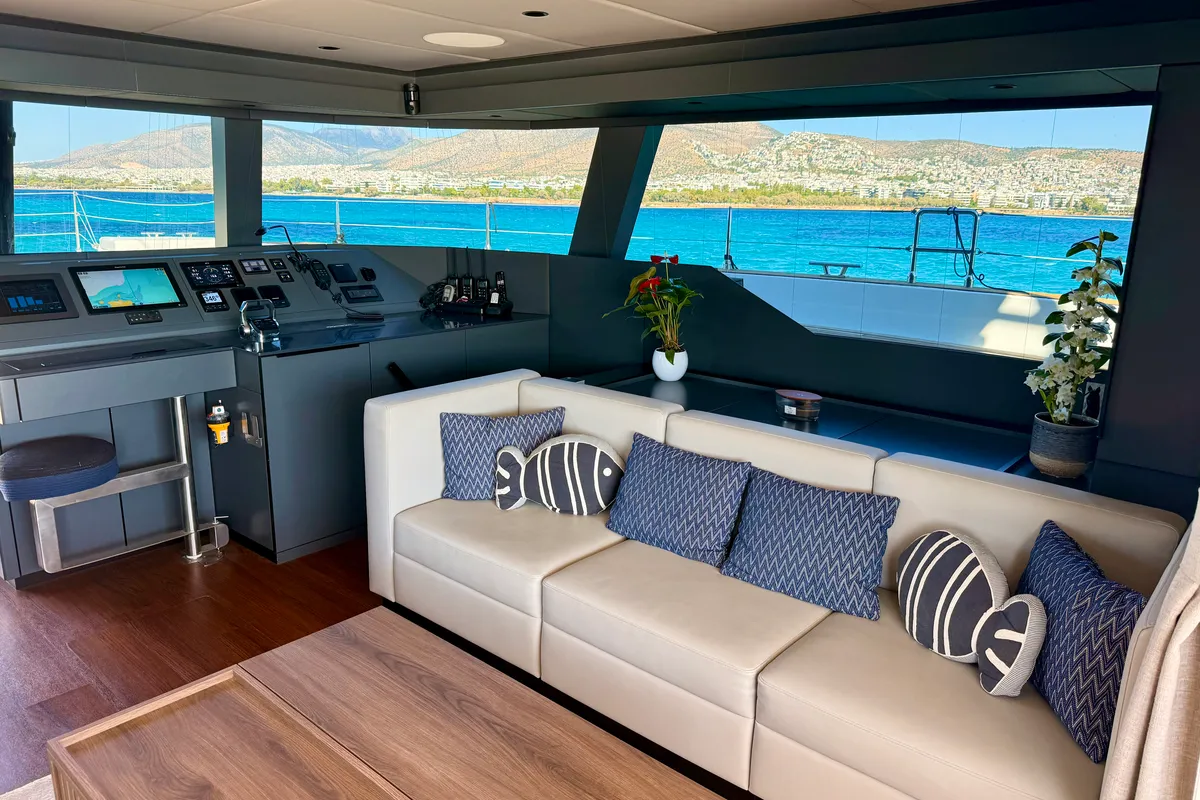 Salon of Premium, a Sunreef 50 catamaran at Lavrion Marina, Greece