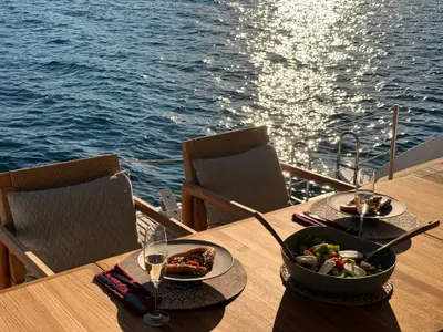 Deck of Premium, a Sunreef 50 catamaran at Lavrion Marina, Greece
