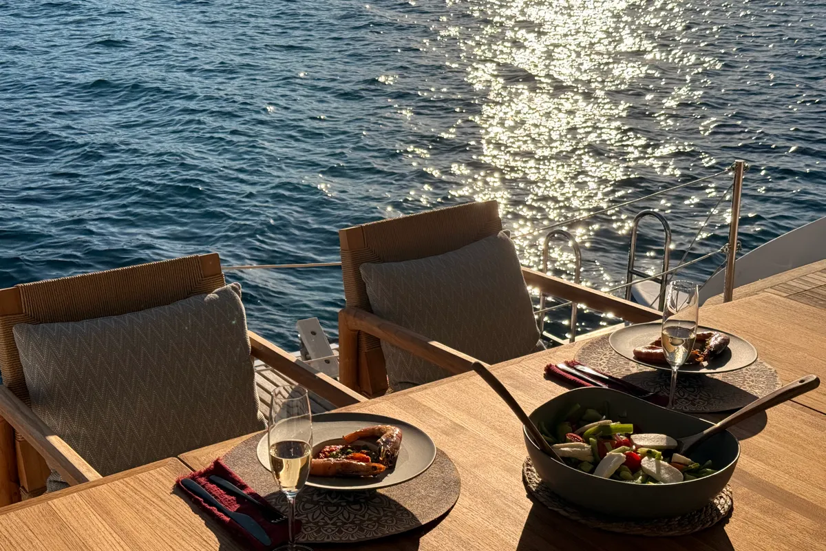 Deck of Premium, a Sunreef 50 catamaran at Lavrion Marina, Greece