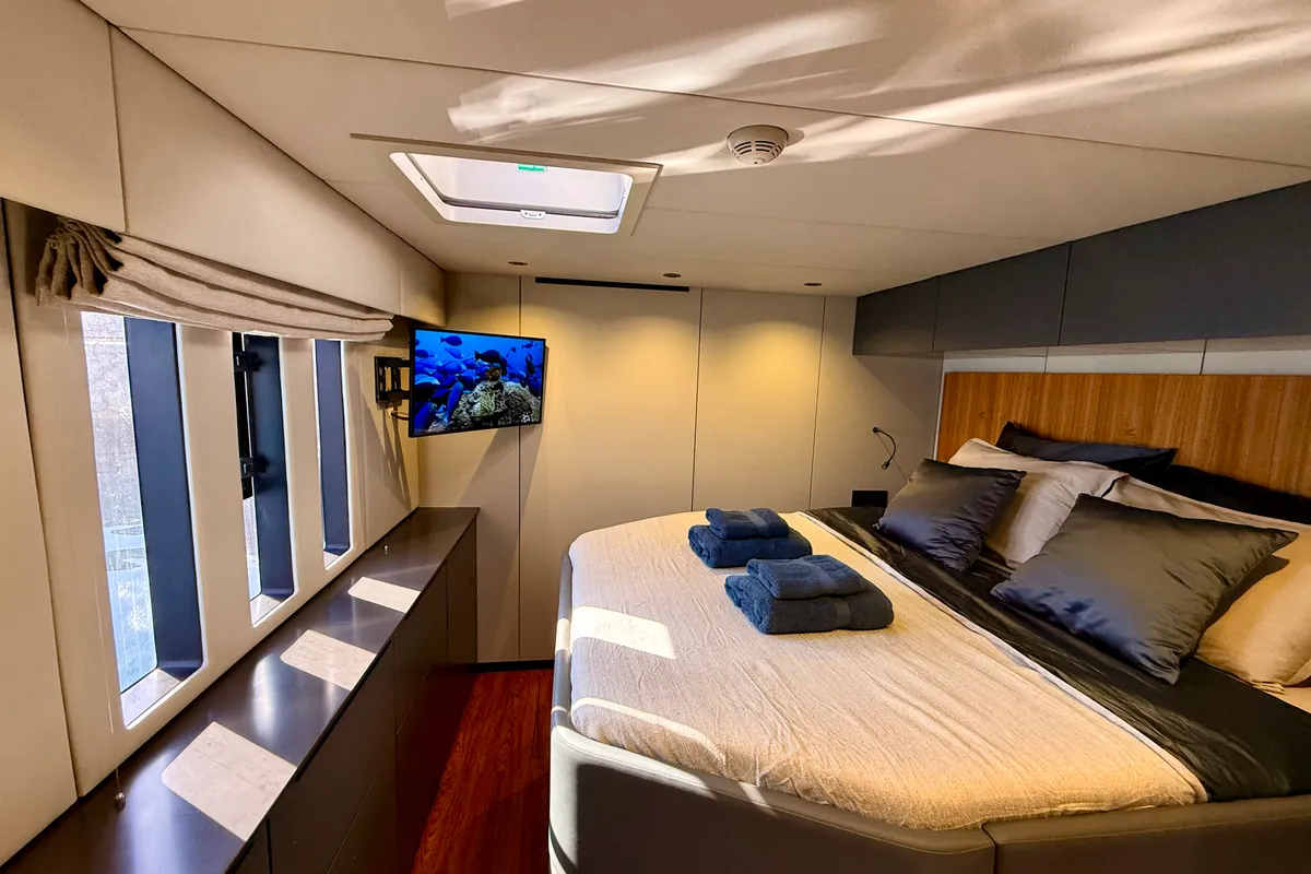 Cabin on Premium, a Sunreef 50 catamaran at Lavrion Marina, Greece