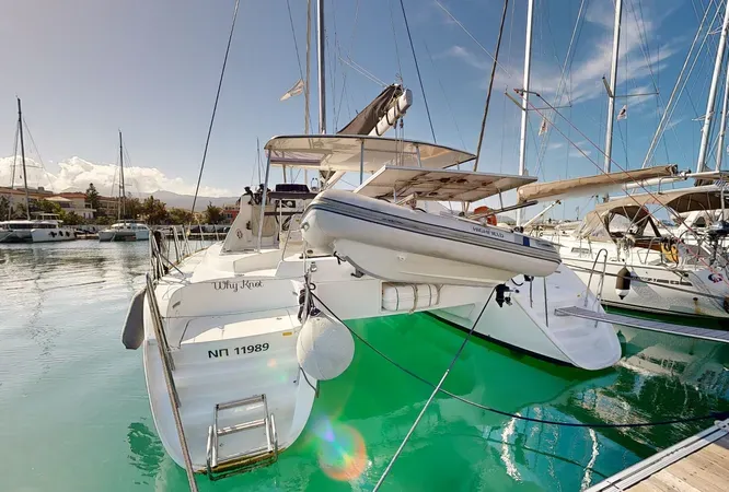Exterior view of Why Knot, a Lagoon 380 S2 catamaran at Ellomenos, Greece