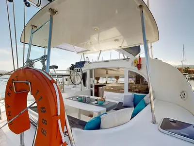 Deck of Why Knot, a Lagoon 380 S2 catamaran at Ellomenos, Greece