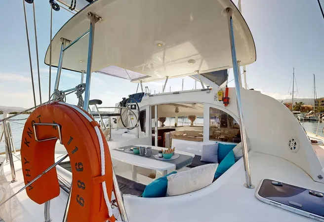 Deck of Why Knot, a Lagoon 380 S2 catamaran at Ellomenos, Greece