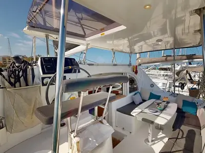 Cockpit of Why Knot, a Lagoon 380 S2 catamaran at Ellomenos, Greece