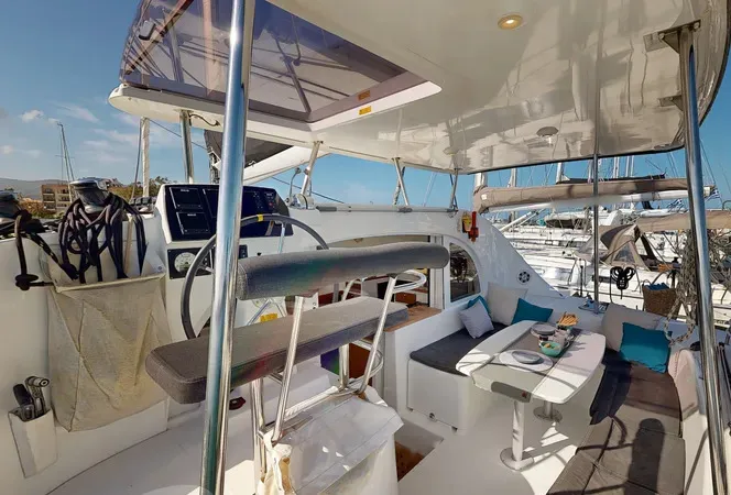 Cockpit of Why Knot, a Lagoon 380 S2 catamaran at Ellomenos, Greece
