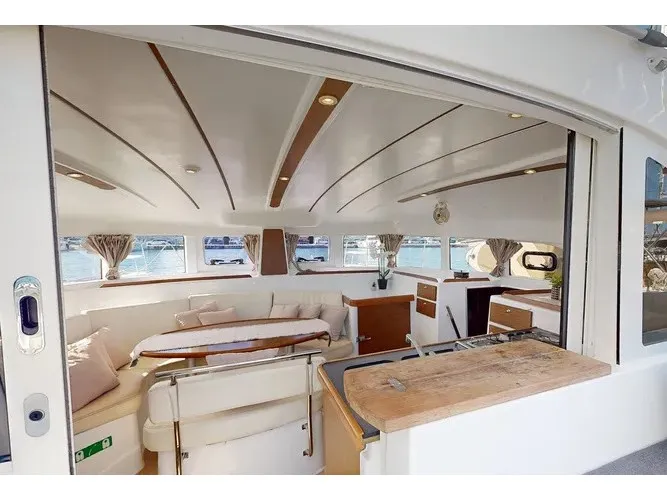 Salon of Why Knot, a Lagoon 380 S2 catamaran at Ellomenos, Greece