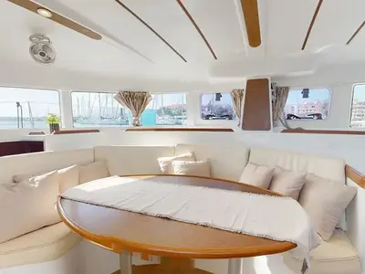 Salon of Why Knot, a Lagoon 380 S2 catamaran at Ellomenos, Greece