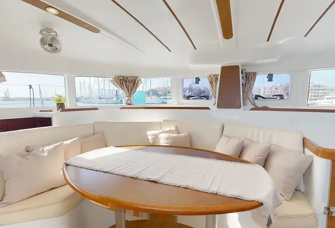 Salon of Why Knot, a Lagoon 380 S2 catamaran at Ellomenos, Greece