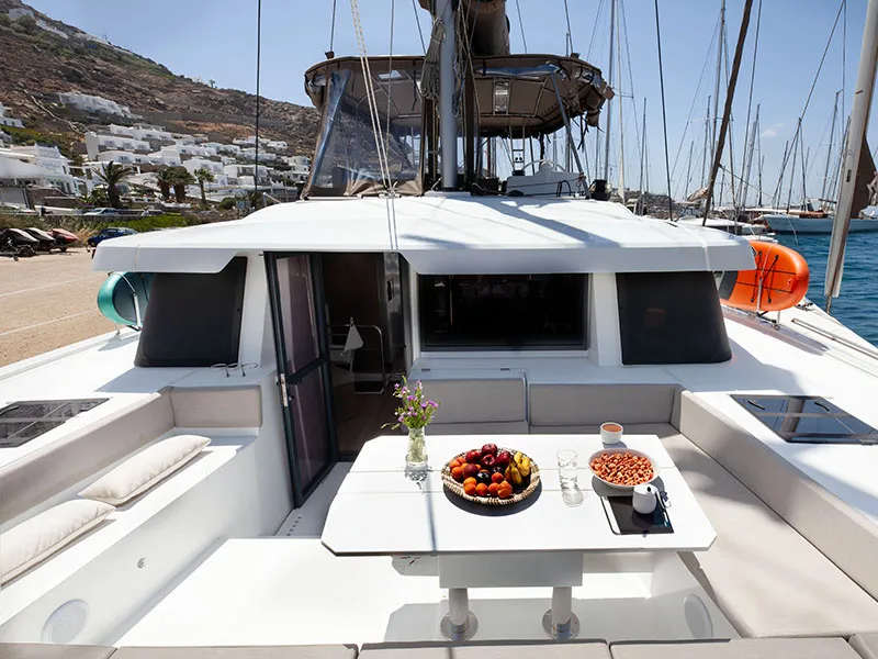 Deck of Neda, a Bali 4.6 catamaran at Agios Stefanos, Greece
