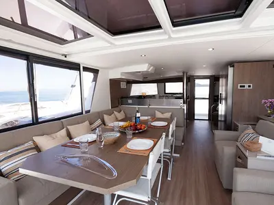 Salon of Neda, a Bali 4.6 catamaran at Agios Stefanos, Greece